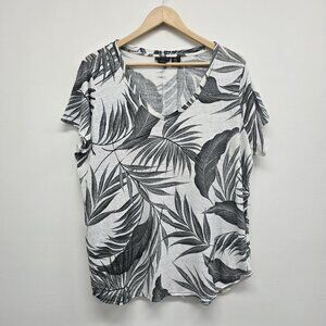 Tahari 100% Linen Blouse Top Sz 1X Palm Leaf Tropical Beachy Coastal Black White